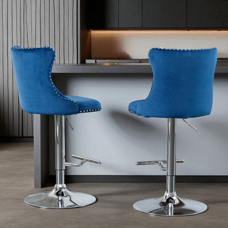 Tabouret de bar pivotant à hauteur réglable Zager, Argent, Marine, 2