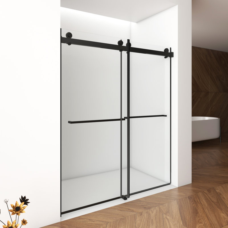 56"-60"W X 76"H Frameless Shower Door, Double Sliding Shower Door, 3/8'' (10Mm) Clear Tempered Glass Shower Enclosure With Square Rail,Double Side Easy Clean Coat,Brushed Nickel Finished With Buffer