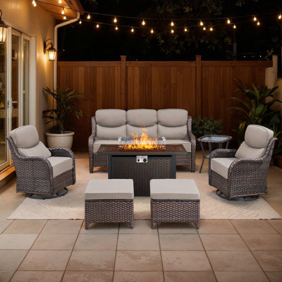 Abbey 9-Piece Wicker Patio Furniture Sofa Set With Fire Pit Table, 6-Inch Thick Cushion Swivel Glider Chairs & Ottomans by Lark Manor