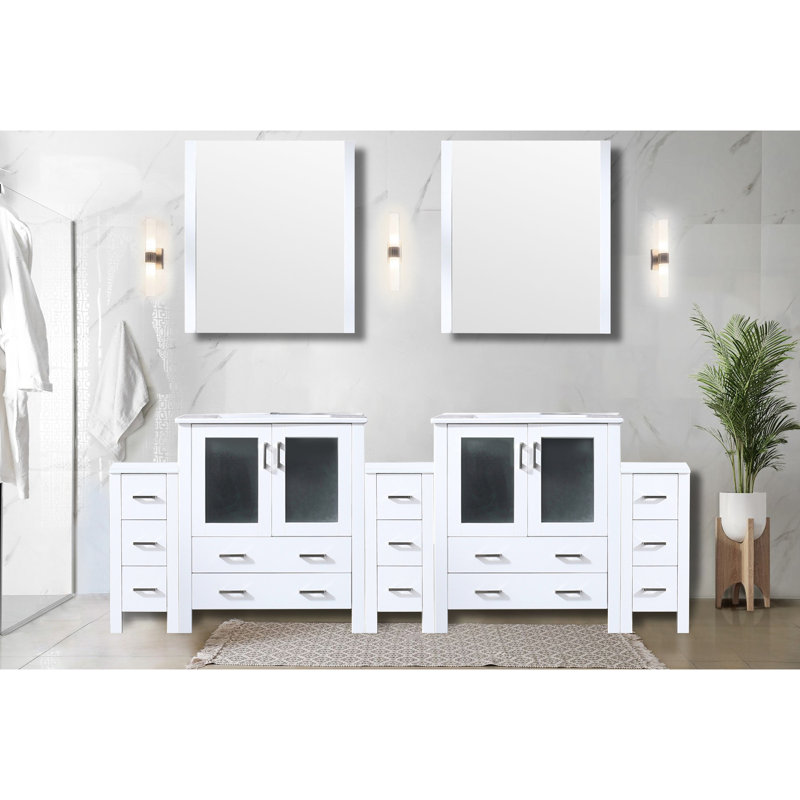 Meuble-lavabo blanc 96 po Avec plateau en céramique - Armoires spacieuses et attrayantes