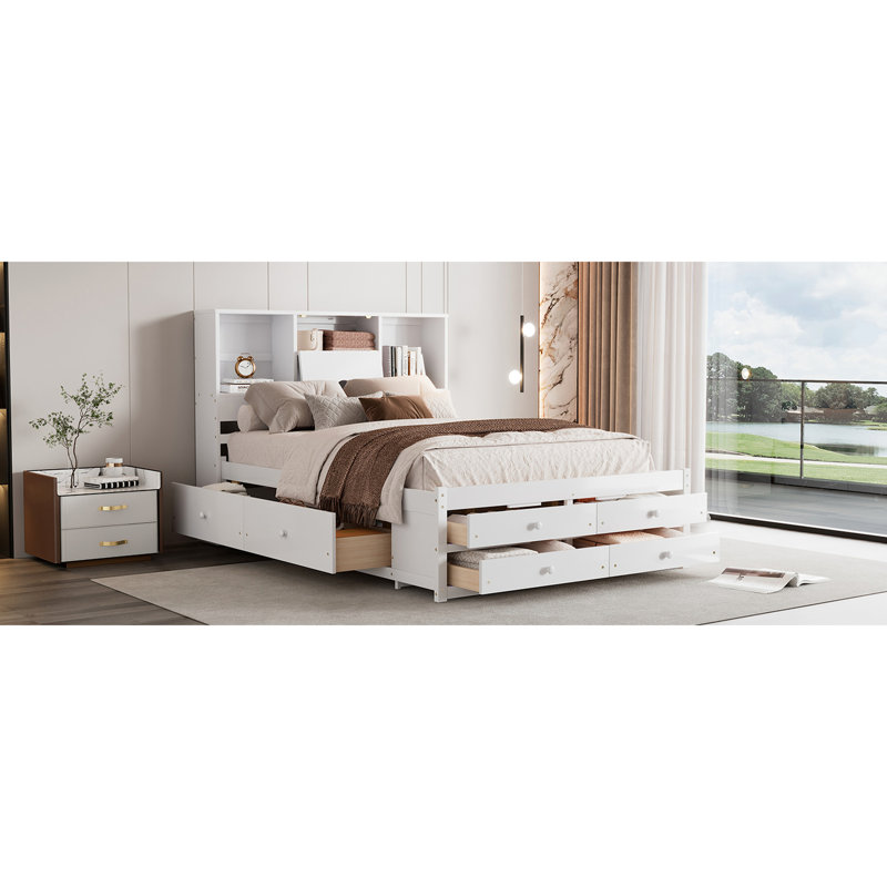 Grand lit plateforme avec 8 têtes de lit en bois massif blanc pour la chambre à coucher avec 8 tiroirs et
