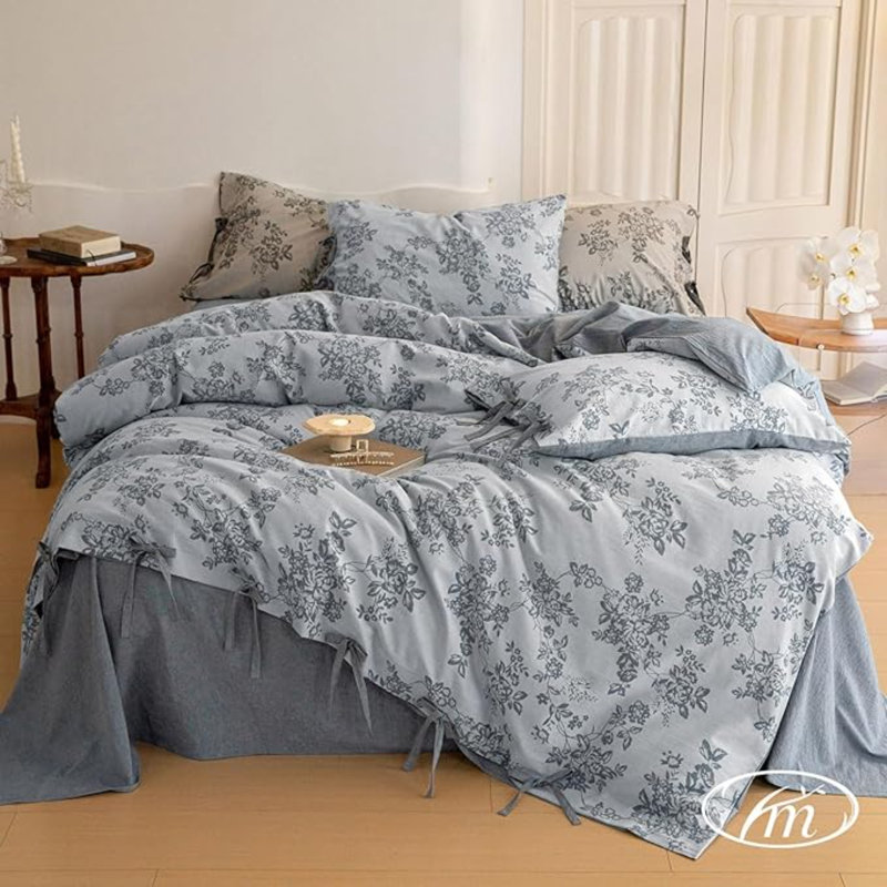 Retro Monet Linen Bowknot Cotton Duvet Cover Set, King Duvet Cover + 2 King Pillowcases, Blue