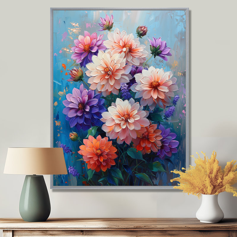 Danse des fleurs de dahlia rose bleu, collage II - décoration murale Dahlia, Encadrement argenté, H 16 po x l 32 po