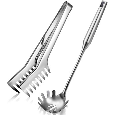 2 Pcs Stainless Steel Pasta Spoon With Teeth Large Spaghetti Utensil, 9.4'' Tong And 13.6'' Pasta Fork With Vacuum Handle, Comfortable Grip Design Spoons For Kitchen