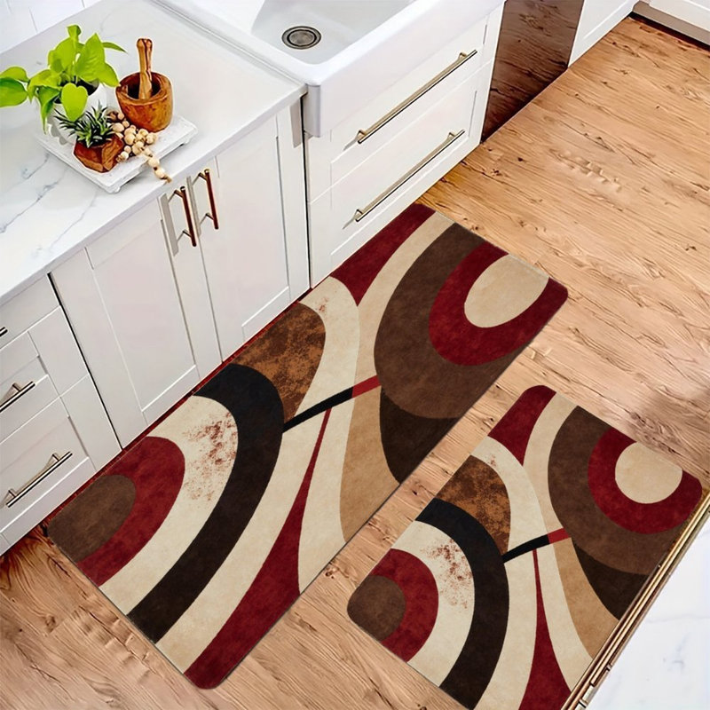 Curved Geometric, Kitchen Mats Set of 2, Brown/Red Geometric Shapes