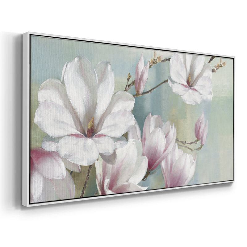 Fleurs de magnolia - Toile tendue avec châssis tendue, prête à accrocher, H 21 po x l 41 po, Blanc