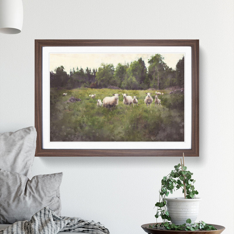 Curious Sheep - Picture Frame Painting, Walnut Framed, 36cm H x 48cm W x 2cm D
