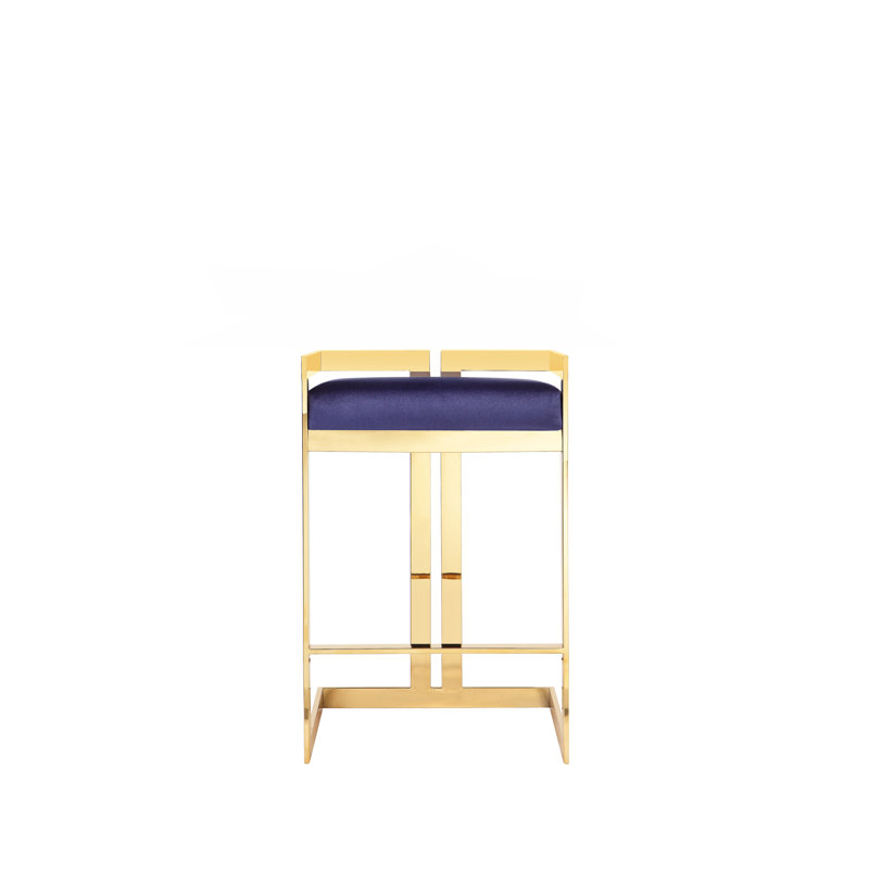 Upholstered Counter Stool with Metal Frame, Gold, Navy Velvet