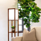 Modern Wood Corner Floor Lamp With Shelves, LED Bulb, Smart Home Compatible