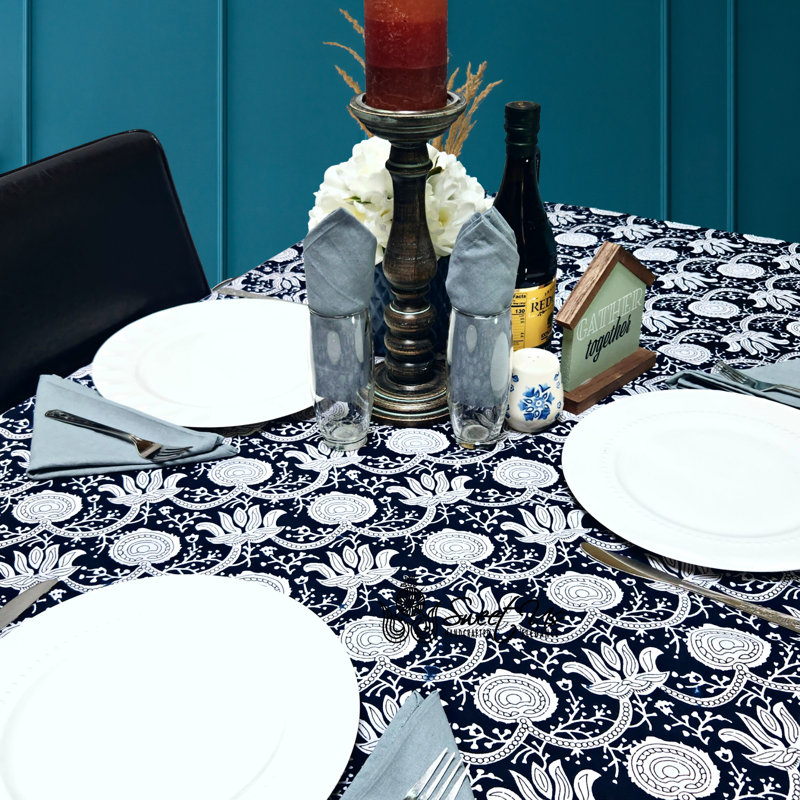 Cotton Bloom Delight Floral Tablecloth Rectangle, Kitchen Linen, Scarlet Slate