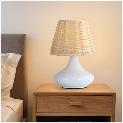 White Woven Bamboo Table Lamp Dimmable Desk Lamp Night Light with Iron Base & Three Color Temperatures