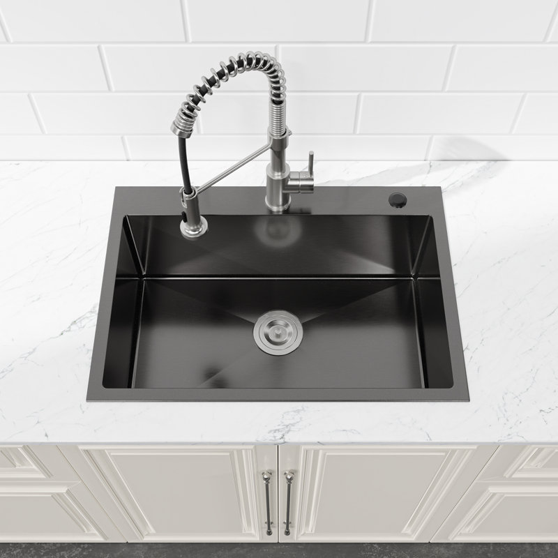 27" Single Bowl Stainless Steel Kitchen Sink Overmount Handmade Sink, Matte Black