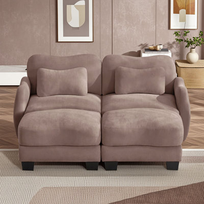 2-Seat Chenille Loveseat Sofa with Lumbar Pillows and Movable Ottoman, Ergonomic Curved Arms and Spring Cushions for Living Room