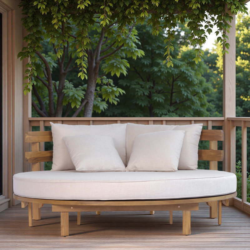Outdoor Round Daybed With Half-round Slatted Backrest, Soft Pillows, Foldable Cushion, Removable Cushion Covers And Adjustable Foot Pads