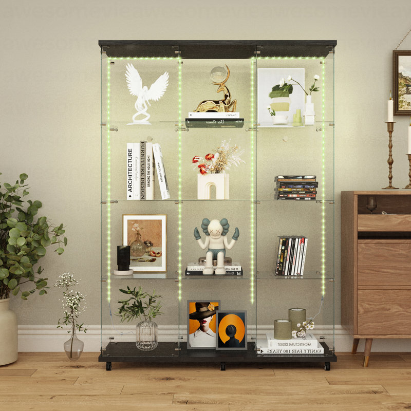 Vitrine en verre trempé, armoire à vin, armoire de rangement, classeur, avec bande lumineuse à DEL Bluetooth, serrure sur la porte, équipée de fonte