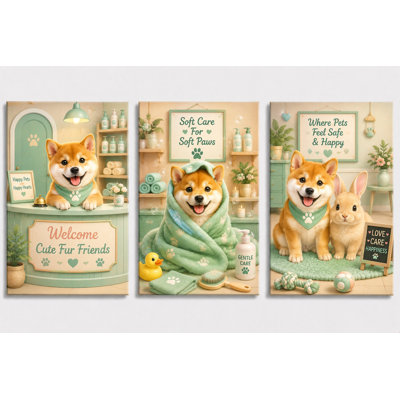 Large Set of 3 Mint Green Pet Spa Wall Art Shiba Inu and Bunny Canvas Prints Cute Animal Grooming Salon Decor for Pet Shop Bathroom Room 16x24 Inch Canvas Print - Ready to hang