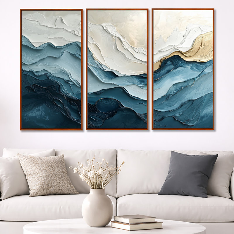 Ensemble 2 pièces d'art mural «White and Blue Marble Wave II», Toile avec cadre flottant brun, H 40 po x l 60 po x P 1 po