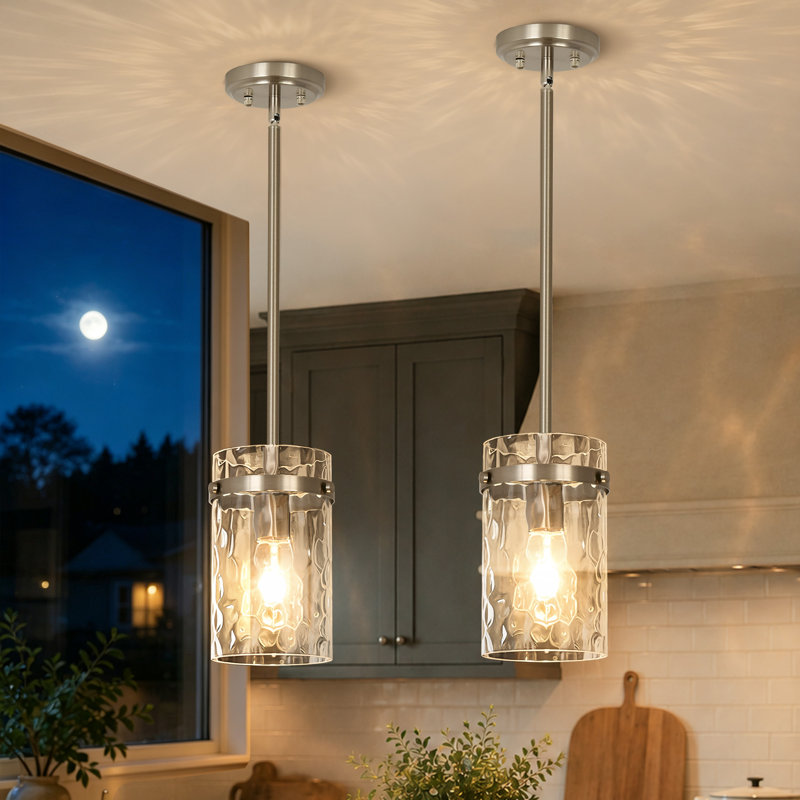 Levona 1 - Light Large Kitchen Island Pendant With Clear Hammered Glass Shade（set Of 2）, Nickel