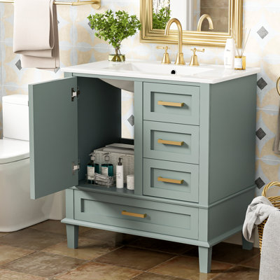 30" Modern Bathroom Vanity , 3 Drawers, Soft - Close Doors, Smooth Ceramic Sink, Corrosion Handles, Ample Storage Space Solid Wood Frame, Sink For Tidy