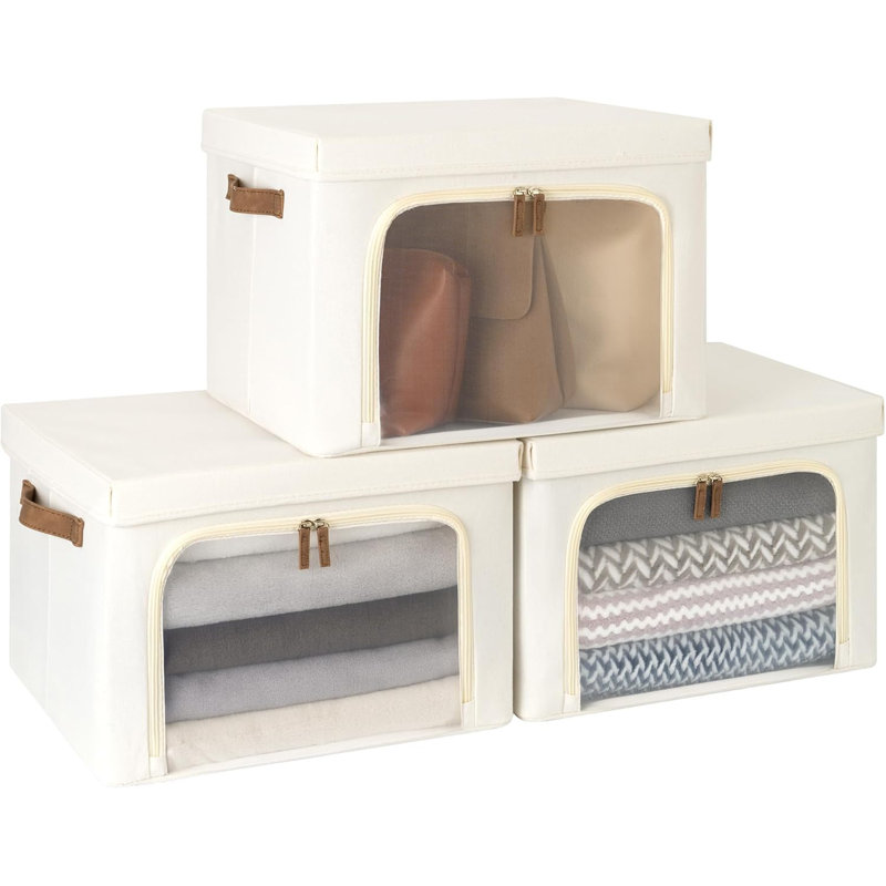 Storage Bins With Lids, Decorative Boxes With Clear Window For Clothes, Fabric Collapsible Baskets For Closet Organization, Large, Beige, 3 Packs