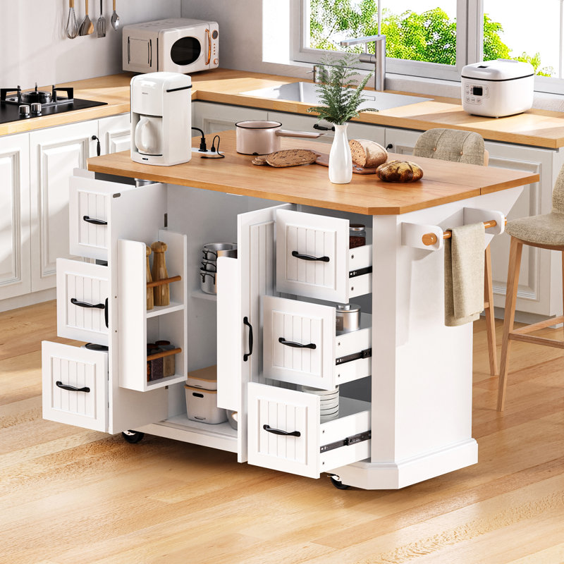 Rustic Rolling Kitchen Island with Drop Leaf, Power Outlet, and Ample Storage on 4 Wheels for Modern Kitchens