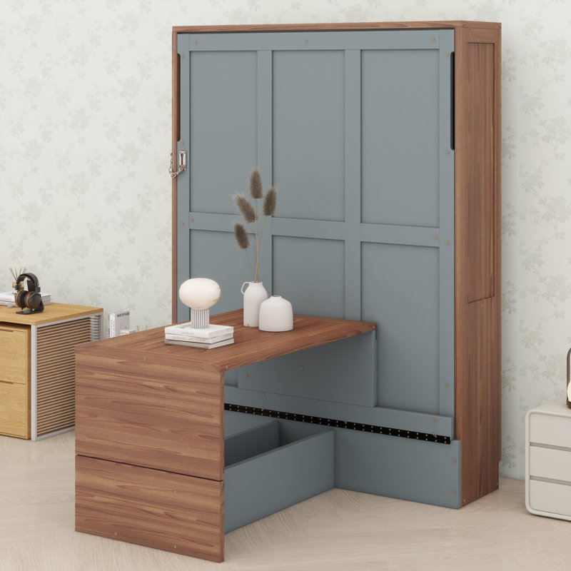 Lit escamotable avec bureau pliable intégré, Walnut & Grey