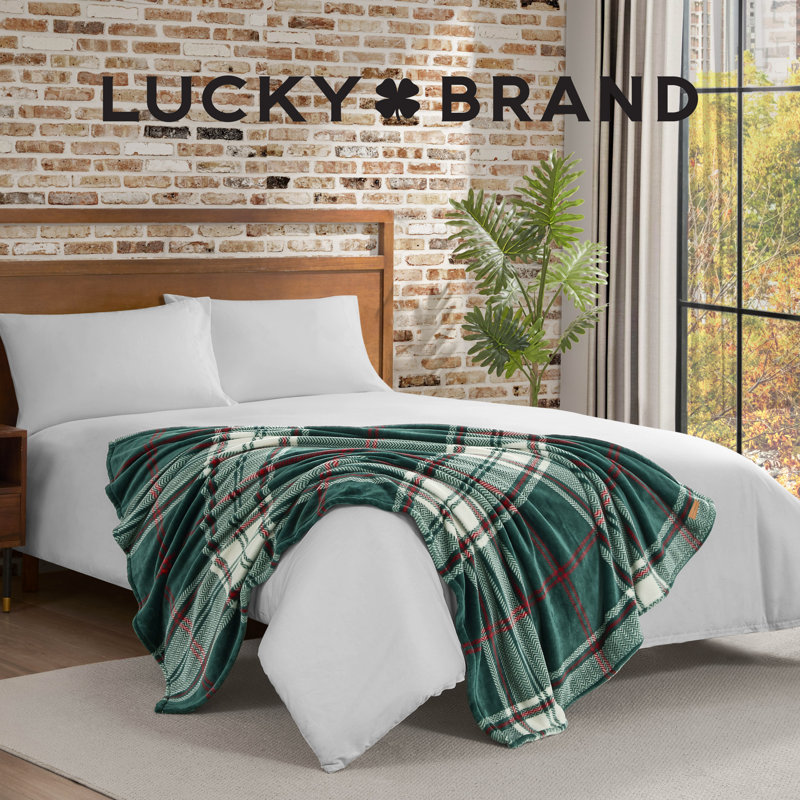 Lucky Brand Plaid Blankets, White/Green/Red Aspen Plaid