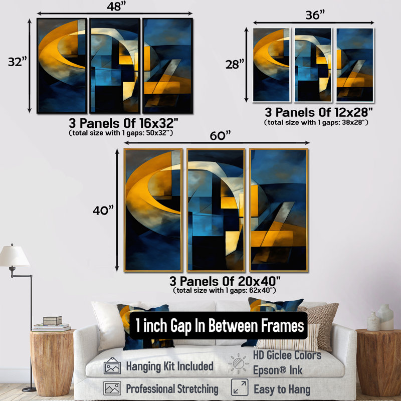 «Symphony In Kings Blue Jazz II», ensemble d'art mural géométrique, H 28 po x l 36 po x P 1 po, Cadre flottant noir