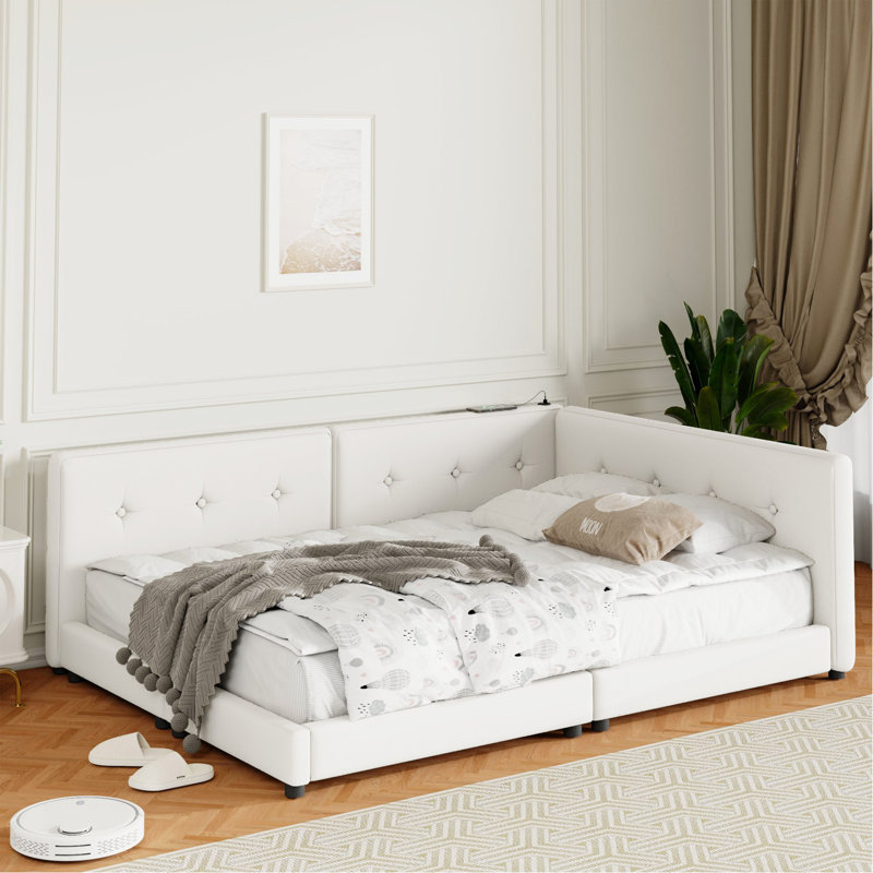 Lit plateforme tapissier grand avec ports USB, beige