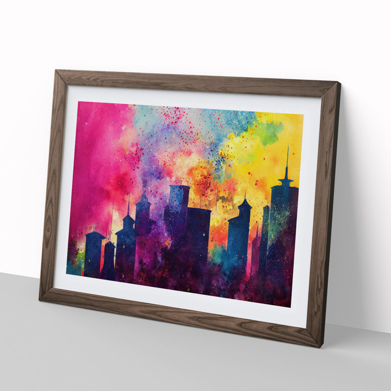 Bedazzled Watercolour Skyline Abstract - Single Picture Frame Painting, 34cm H x 46cm W x 2cm D, Walnut Frame