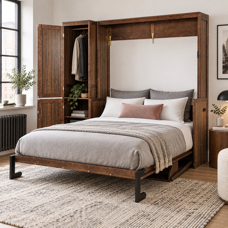 Lit escamotable Foldavere Queen en bois de noyer avec armoire réversible, lit mural pliable avec tablette de bureau de 160 cm, 2 prises de courant et 2 ports USB, vérins à gaz de 1000 N, capacité de charge de 227 kg