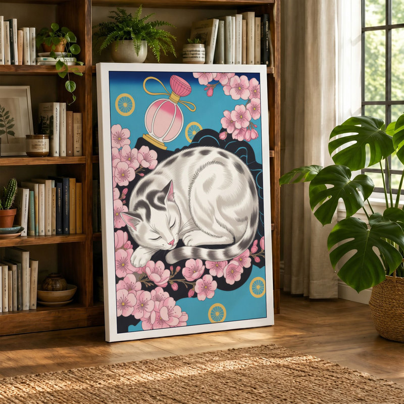 Sleeping Cat in Bloom Boho - Wrapped Canvas, 30x20 - 76.2 x 50.8 cm, Teal Border