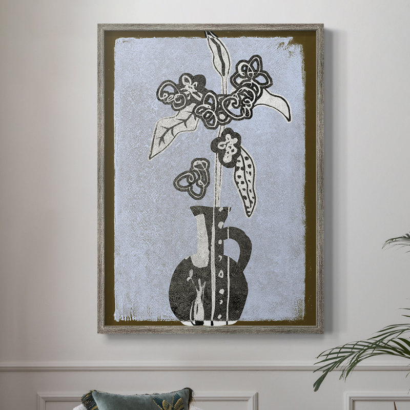 Fleurs graphiques dans un vase I, reproduction encadrée - bois massif, H 21 po x l 17 po