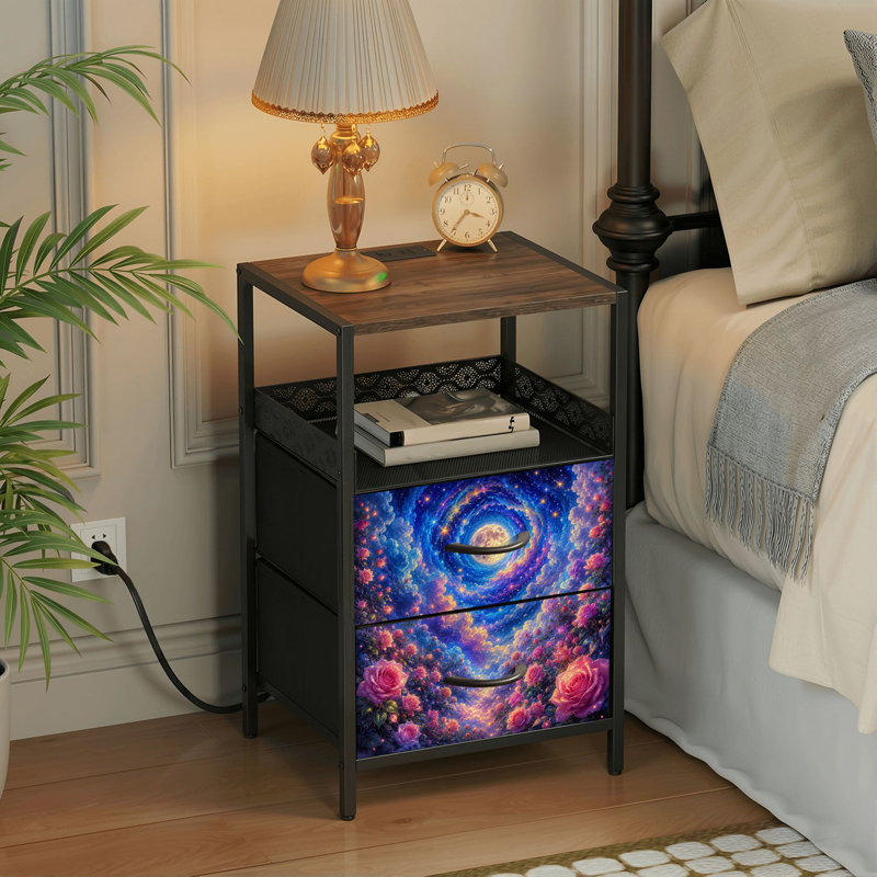 Table de chevet 2 tiroirs avec station de charge, table de chevet avec ports USB et amp; Outlets, tablette ouverte noire, table de chevet avec impression de roses de la nuit et de la lune