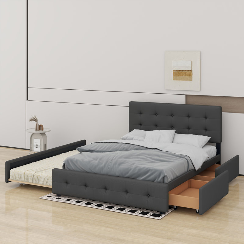 Grand lit plateforme tapissier avec 2 tiroirs et un lit gigogne, Gris foncé