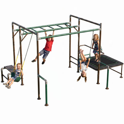 Jungle Gym extérieure avec structure à barres à singes, balançoires en métal robustes pour la cour arrière avec filet d'escalade et corde, trampoline