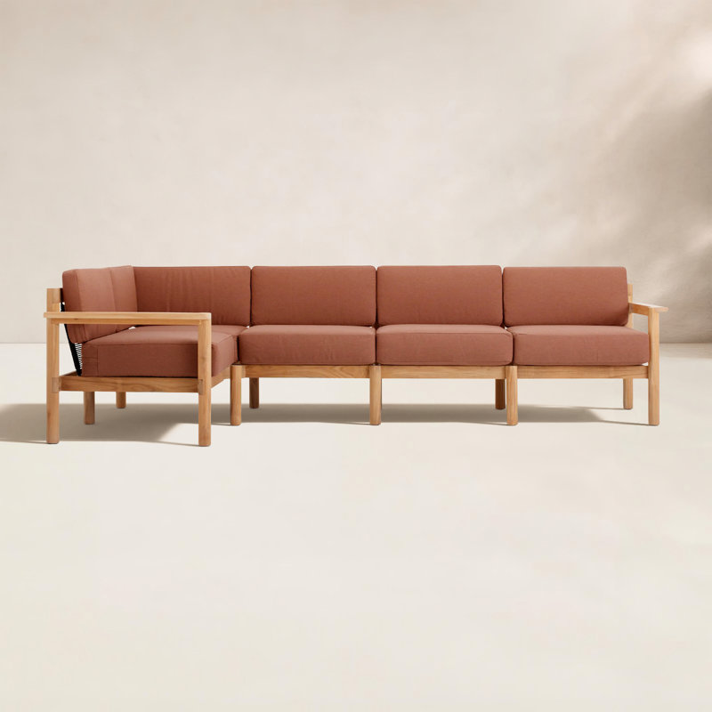 Haven 5-Piece Teak Outdoor Sectional with Sunbrella Cushions and Wooden Armrest, Sunbrella Rust