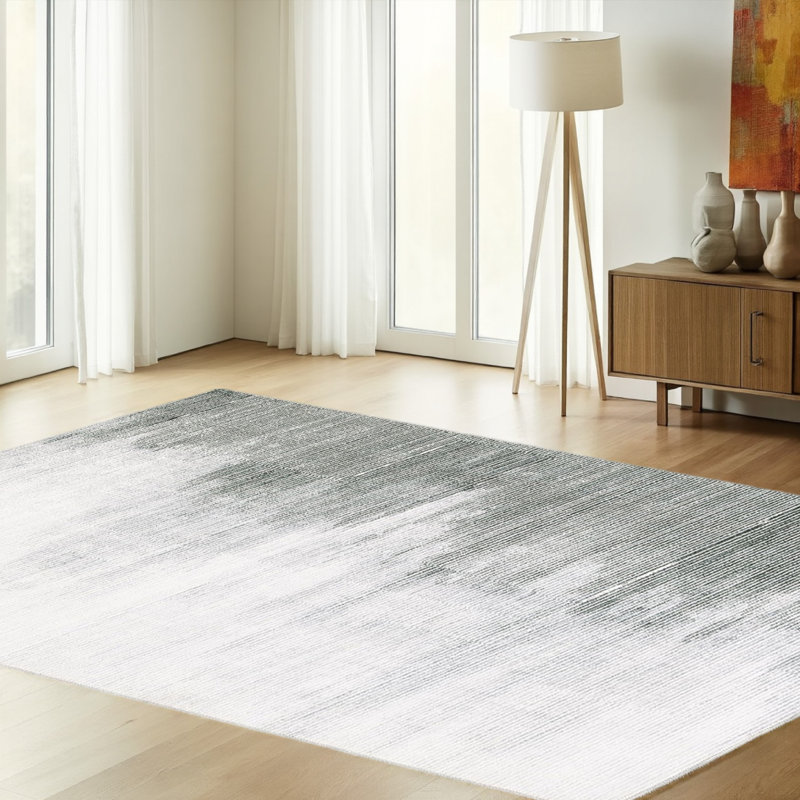 8' x 10' Black and White Abstract Washable Rug