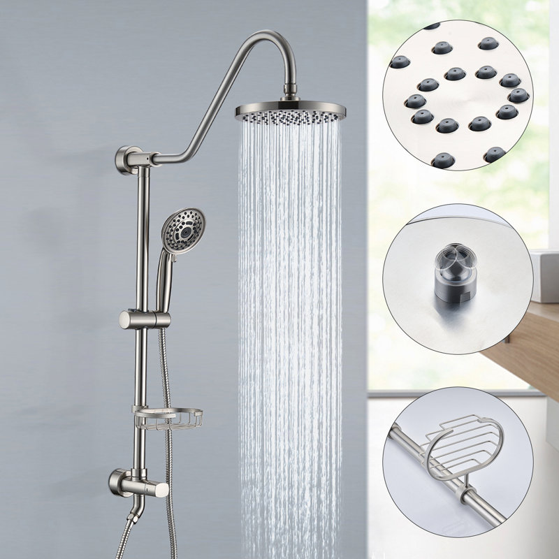 2-Shower Head System With Rough-In Valve & Hand Shower - Complete Solution Stainless Steel Fixture 59" Hose Adjustable Slide Bar Extended Reach Customization
