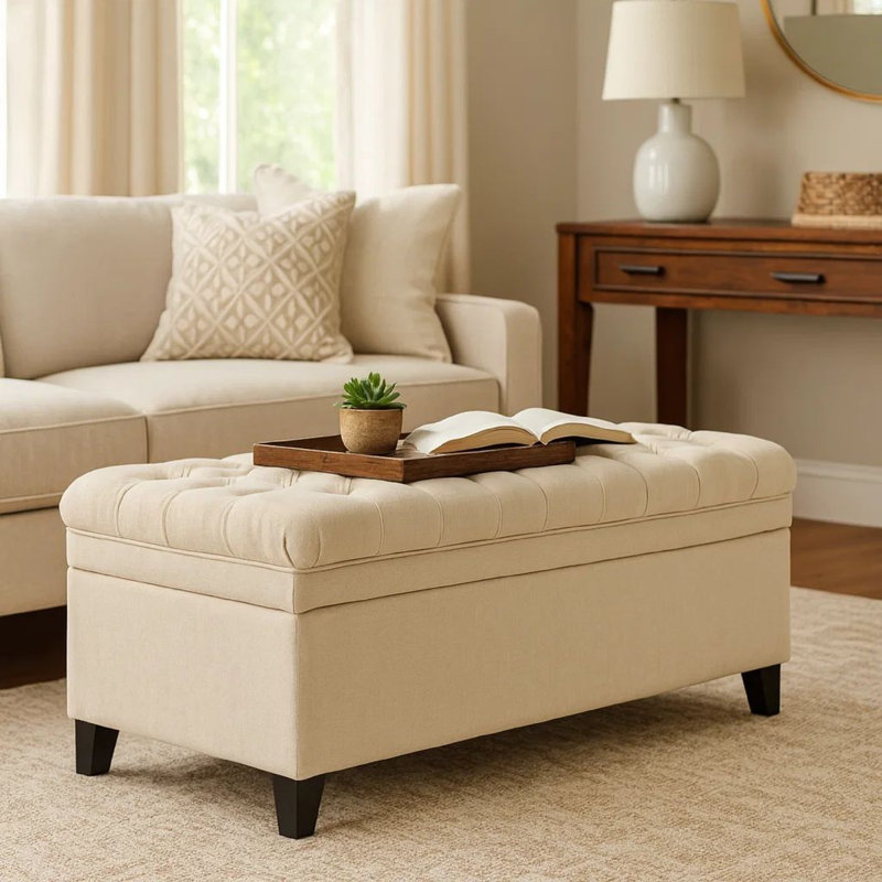 Rhya Storage Bench, 50 Inch Button Tufted Plush Seat, Soft Beige, Beige