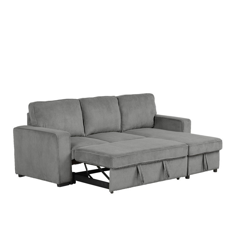 Maslynn 3-Piece Reversible Corduroy Pull-Out Sleeper Sectional with Storage, Gray Corduroy