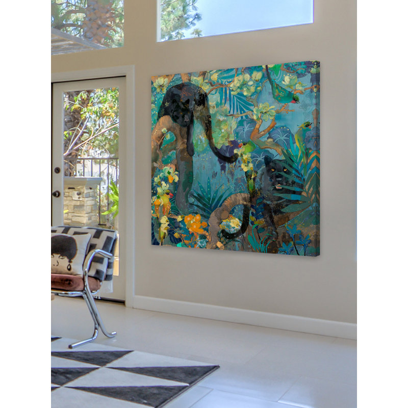 «Jaguar And Green Parrots» par Evelia, reproduction d'art sur toile tendue, H 24 po x l 24 po x P 1,5 po