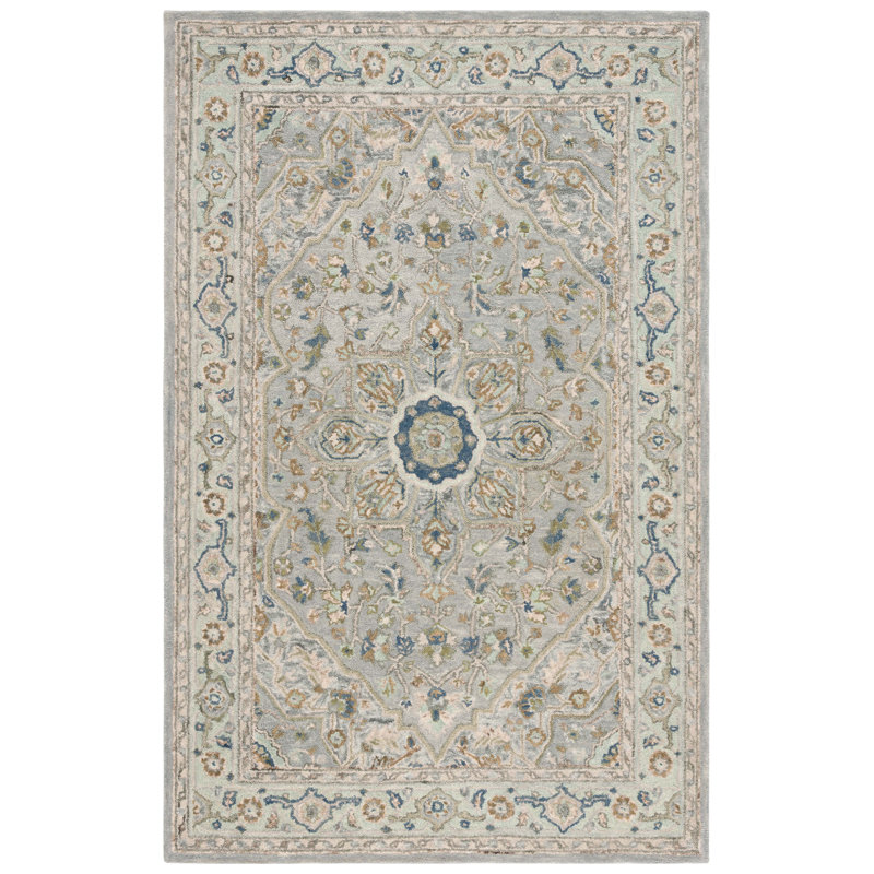 Calai Hand Tufted Wool Cotton Oriental Rug in Ivory/Blue, Rectangle 3" x 5"
