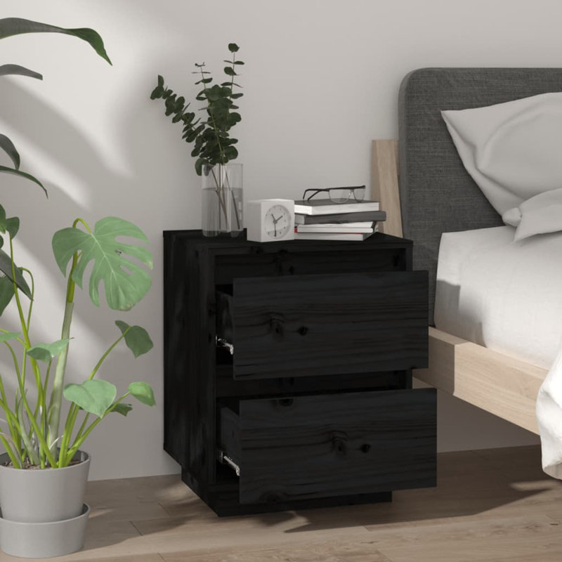 Garrell 40cm W Solid Wood Bedside Table, Black, 2
