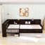 Lit plateforme simple en L en bois avec lit gigogne simple, tablettes de rangement et tiroirs-644822364