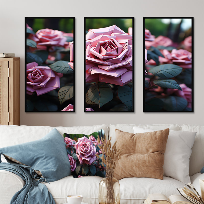 Éclat floral rythmique - art mural géométrique, H 28 po x l 36 po x P 1 po, Cadre flottant noir
