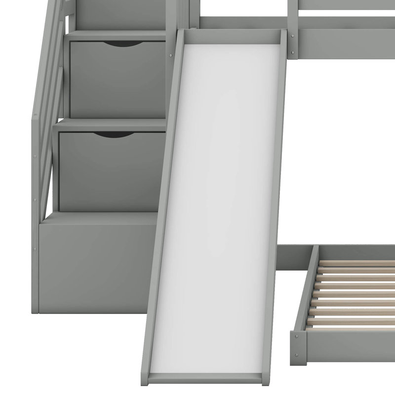 Stairway Twin Over Twin Bunk Bed With Two Drawers And Slide, Grey