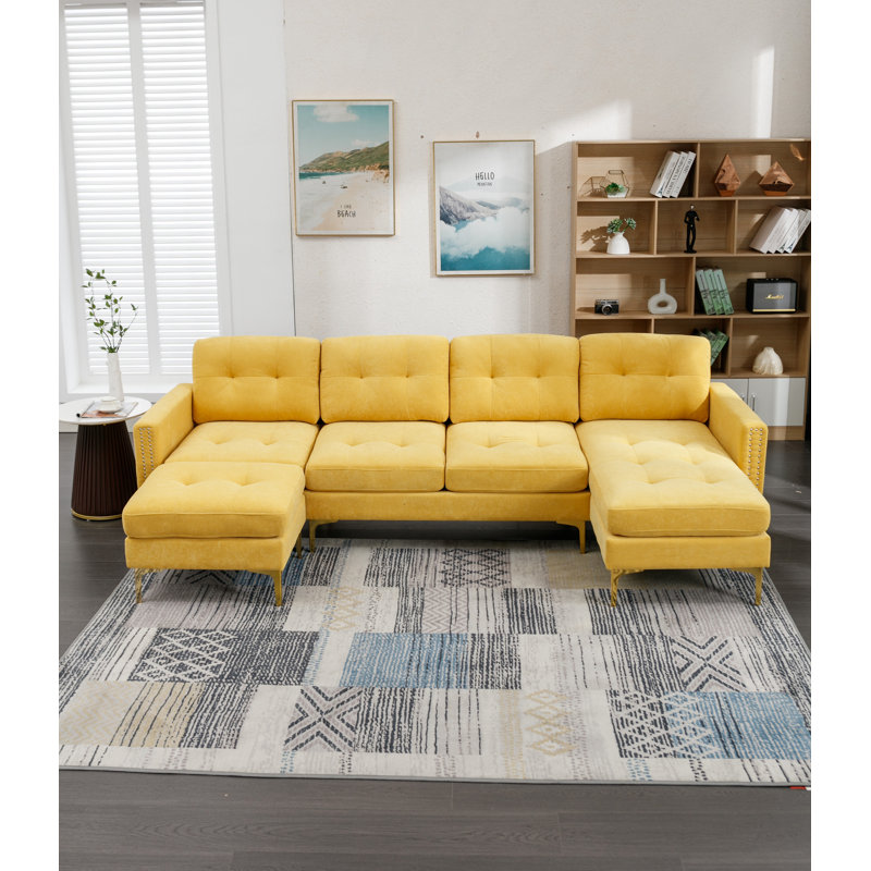 Jiuliana 111 " Velvet with Ottoman Sectional, Yellow Velvet, Gold