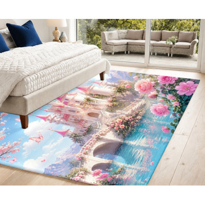 Tapis papillon château fantastique, motif floral rose, lavable à la machine, antidérapant, décoration intérieure artistique pour salon, chambre, salle de jeux, appartement