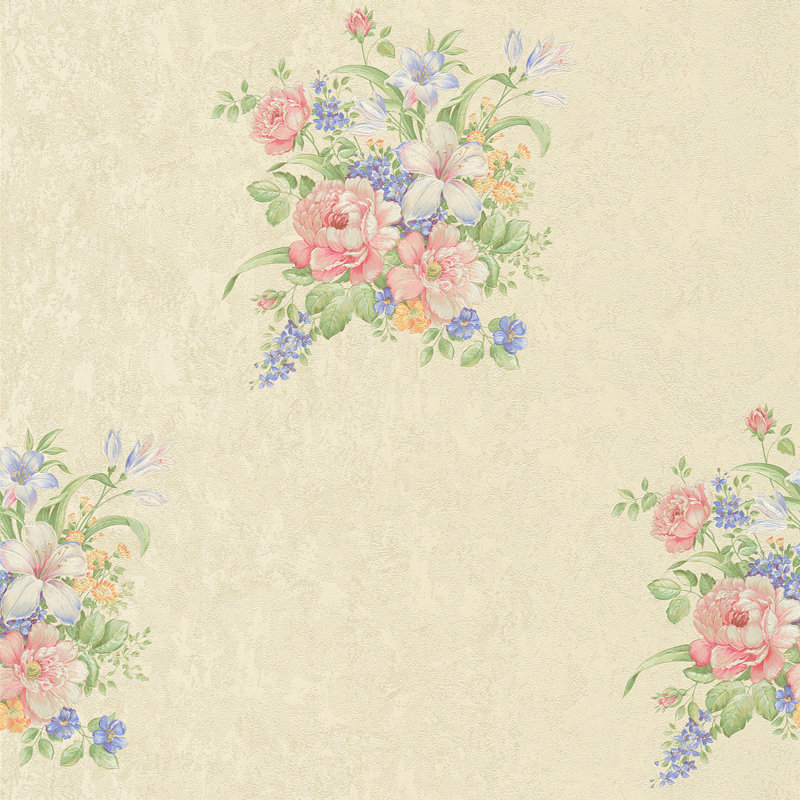 non-woven wallpaper | floral wallpaper | beige / cream, blue, brown 10.05 X 0.53 M, Cream/Green/Pink